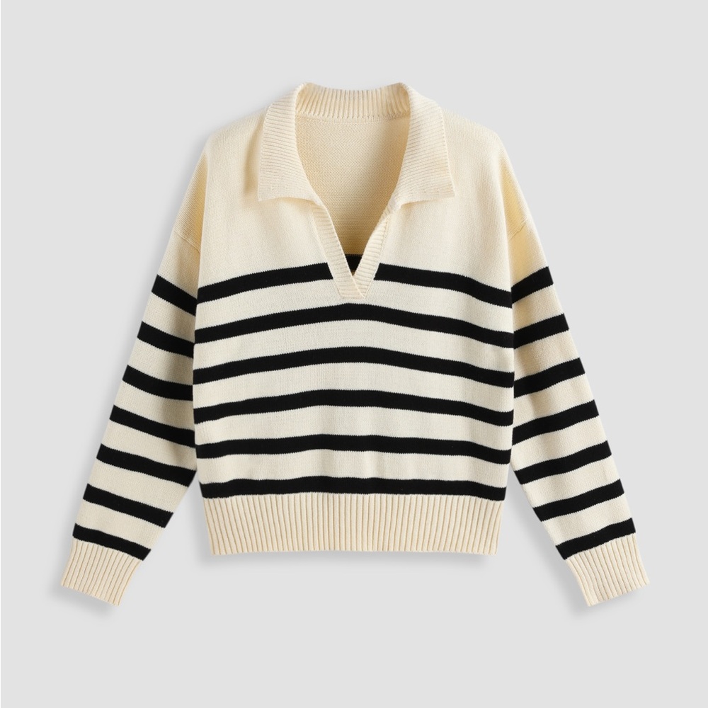 Cider Cream and Black Striped V-Neck Sweater